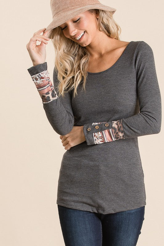Charcoal Long Sleeved Leopard Cuff Top-10007