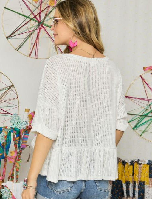 Waffle Ruffle Ivory Short Sleeve Top