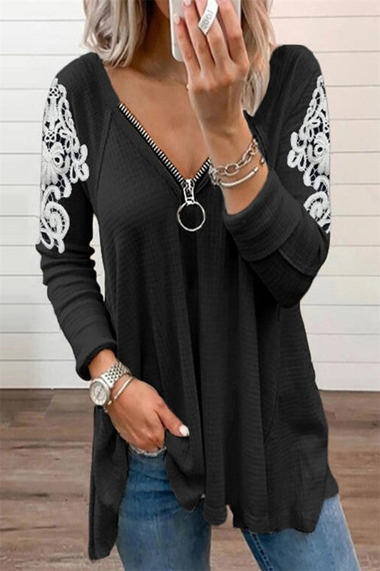 Solid Lace V-Neck Long Sleeve