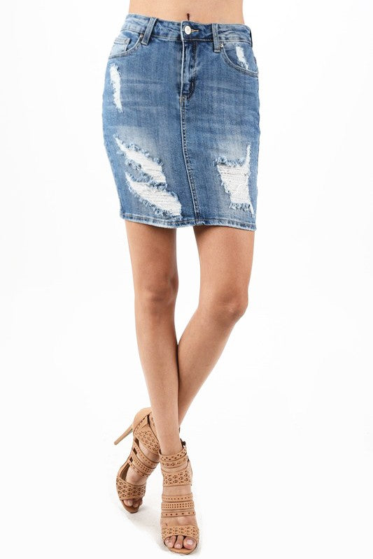 Knee length outlet ripped denim skirt