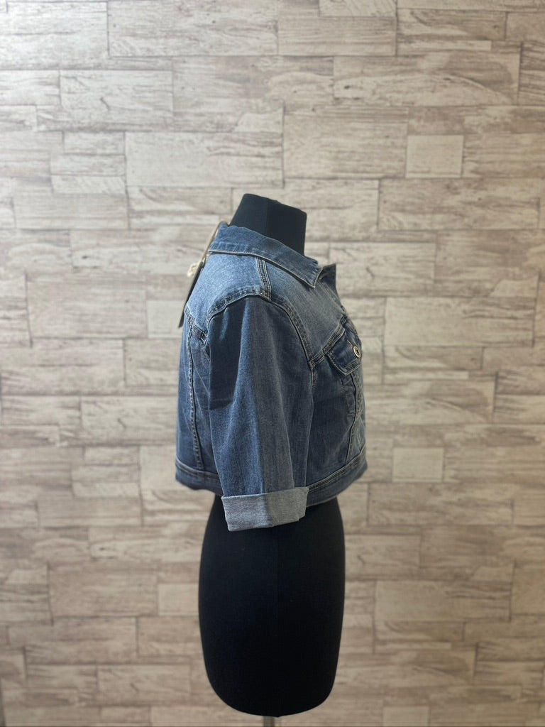 Cropped Jean Jacket with Short Sleeves-20000