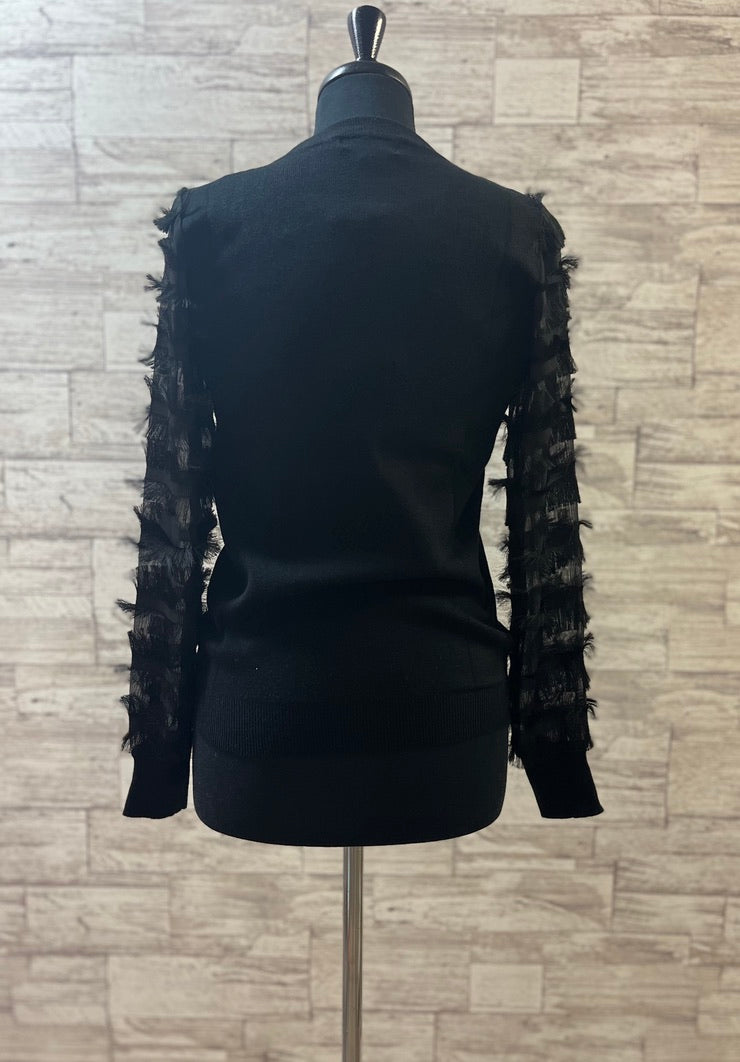 Black Long Fringe Sleeve Sweater-10067
