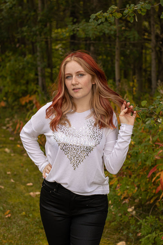 Long Sleeve Dolman V-Neck with Foiled Heart Art-10059