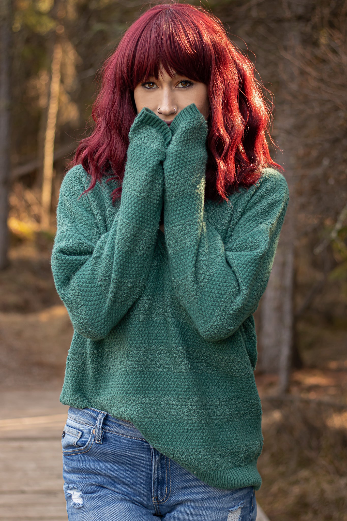 Green Crisscross Keyhole Fuzzy Sweater -10021