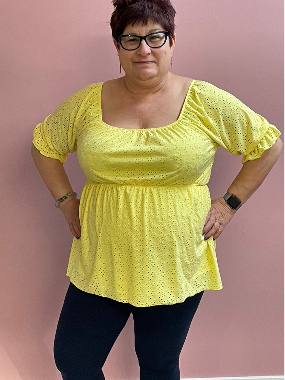 Yellow Short Sleeve Solid Woven Top
