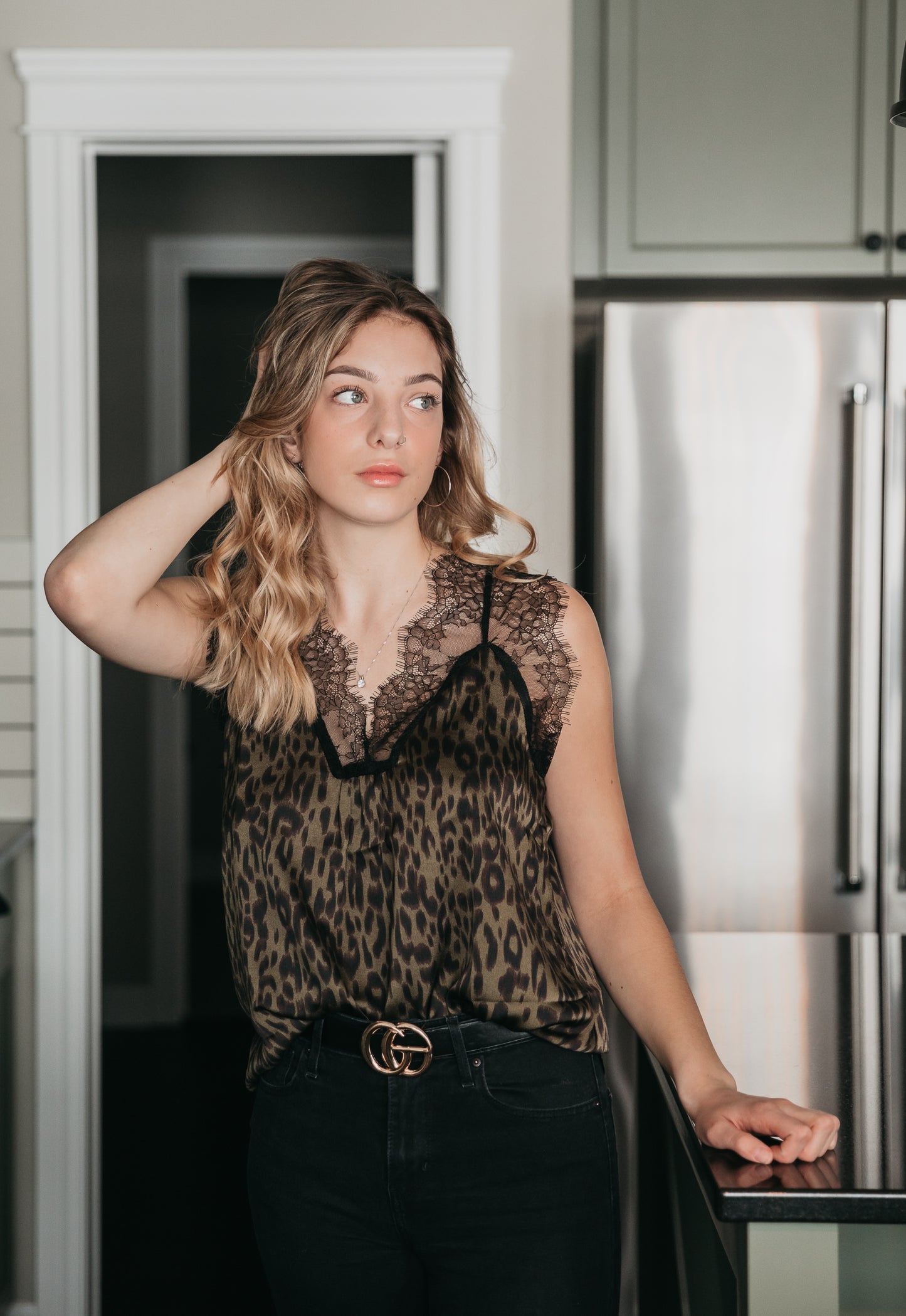 Olive Leopard Lace Top