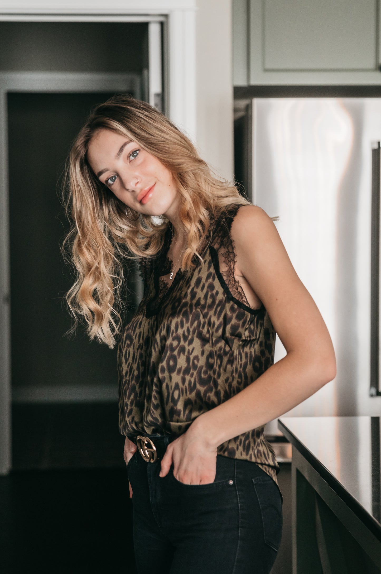 Olive Leopard Lace Top