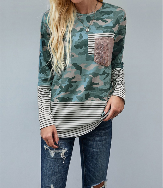 Striped Pocket Sequins Splicing Long Sleeve Top